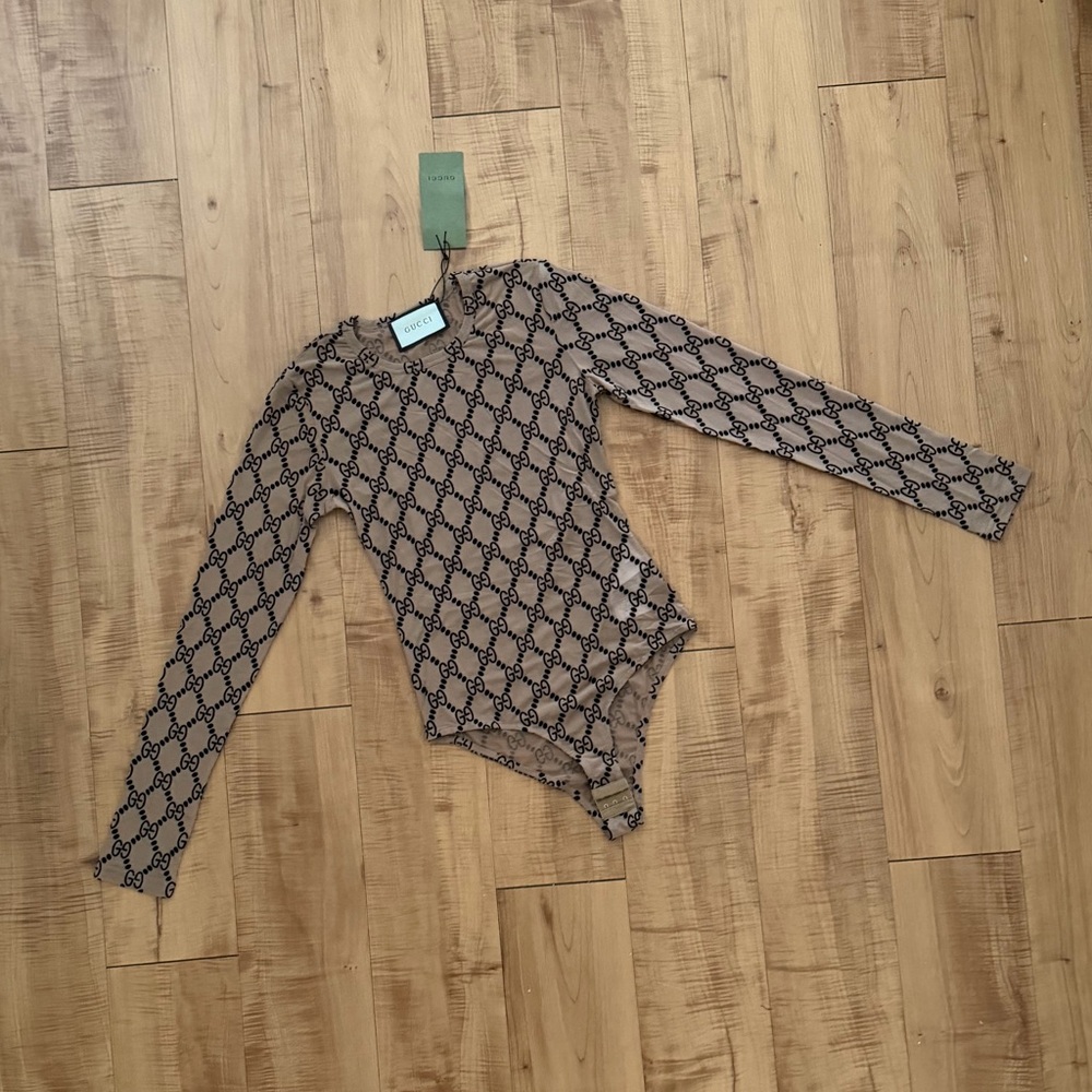 GG Monogram Tan Sheer Velvet Mesh Long Sleeve Bodysuit ❗️read description❗️